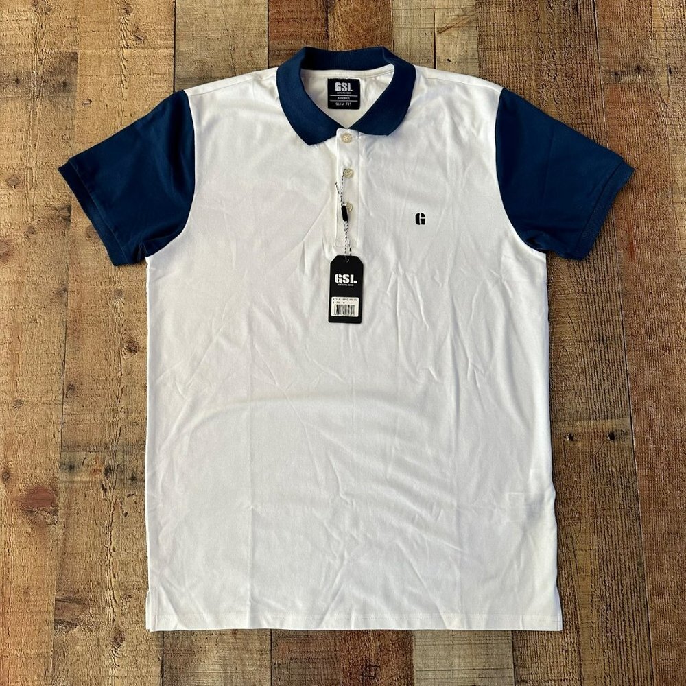 GSL white and blue color block polo men's medium